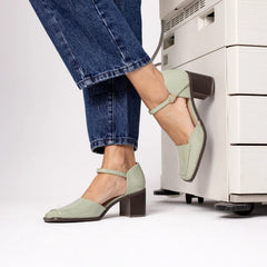 Evangeline Block Heels in Patent Green by D'Orsay