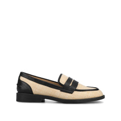 Brooks Penny Loafer in Black and Natural Raffia