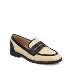 Brooks Penny Loafer in Black and Natural Raffia