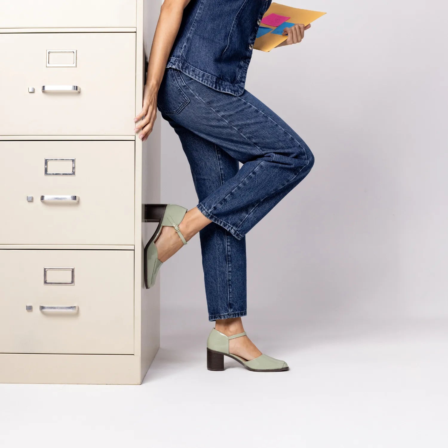 Evangeline Block Heels in Patent Green by D'Orsay