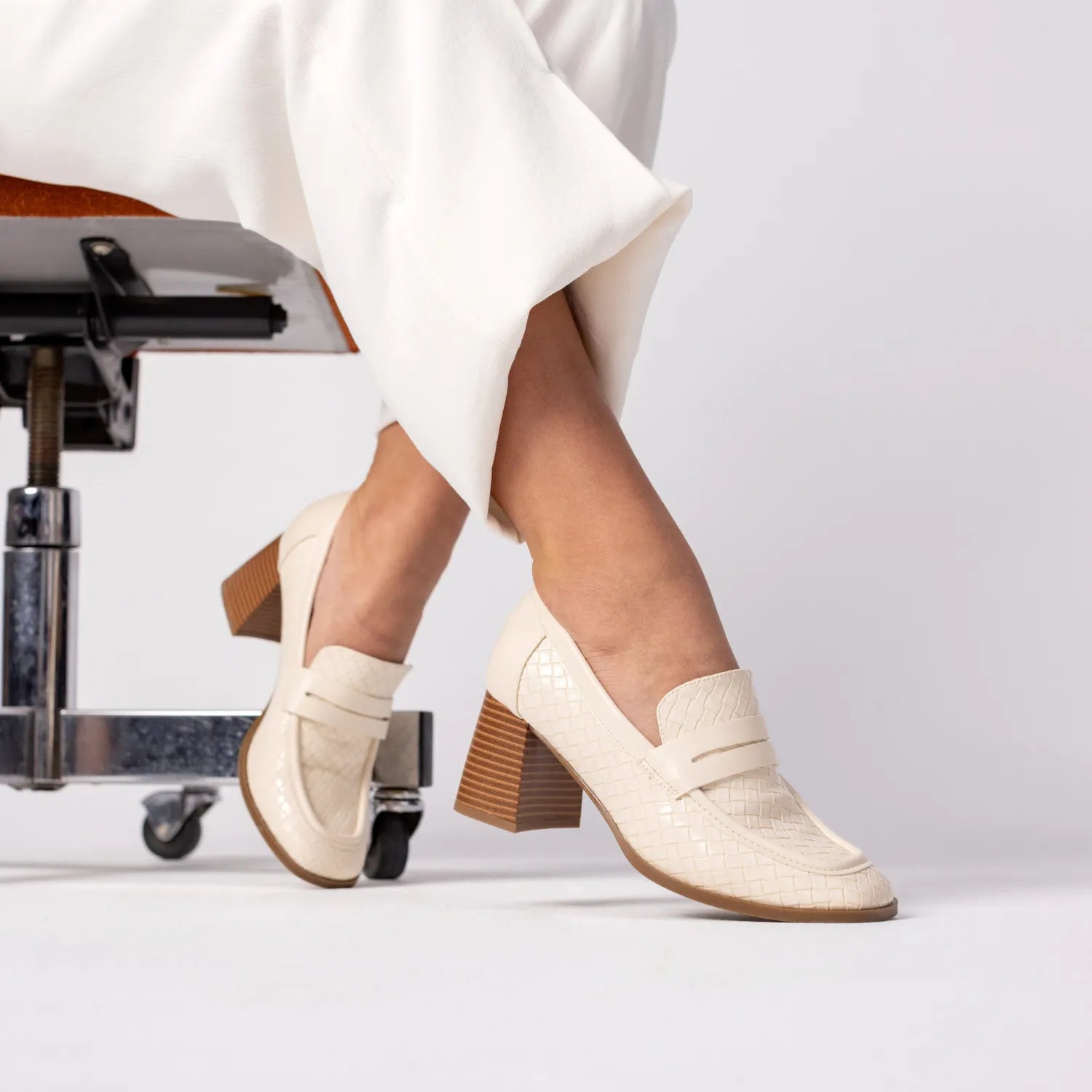 MALLEAH Woven Block Heel Loafers in Bone
