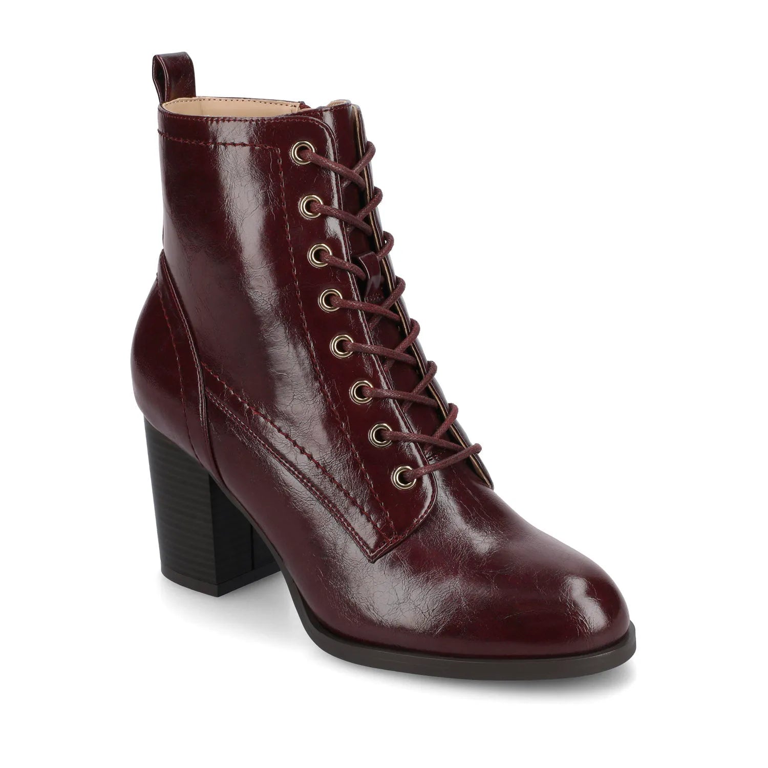 BAYLOR Wide-Calf Vegan Leather Lace-Up Booties in Oxblood Patent
