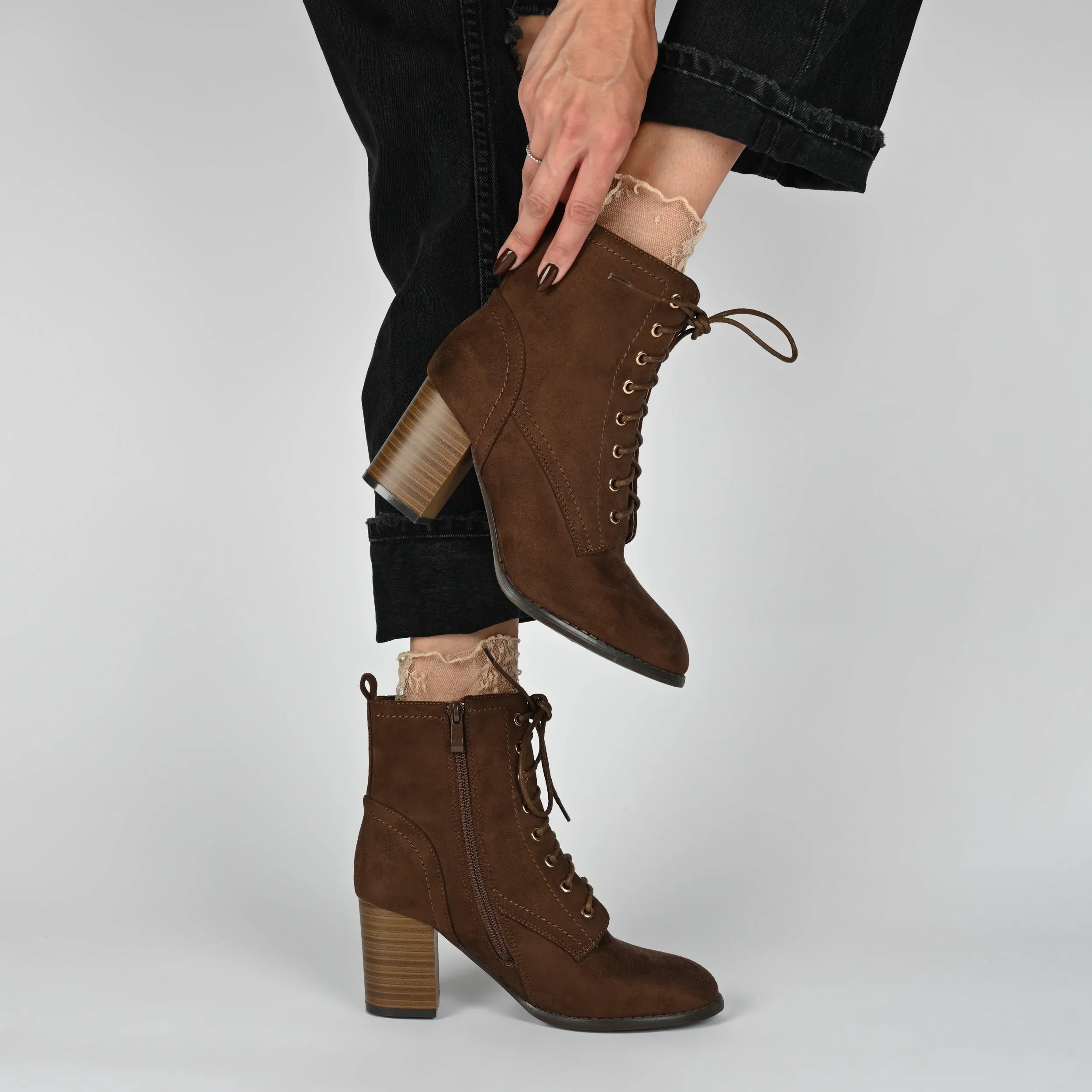 BAYLOR Wide-Calf Vegan Leather Lace-Up Booties in Oxblood Patent