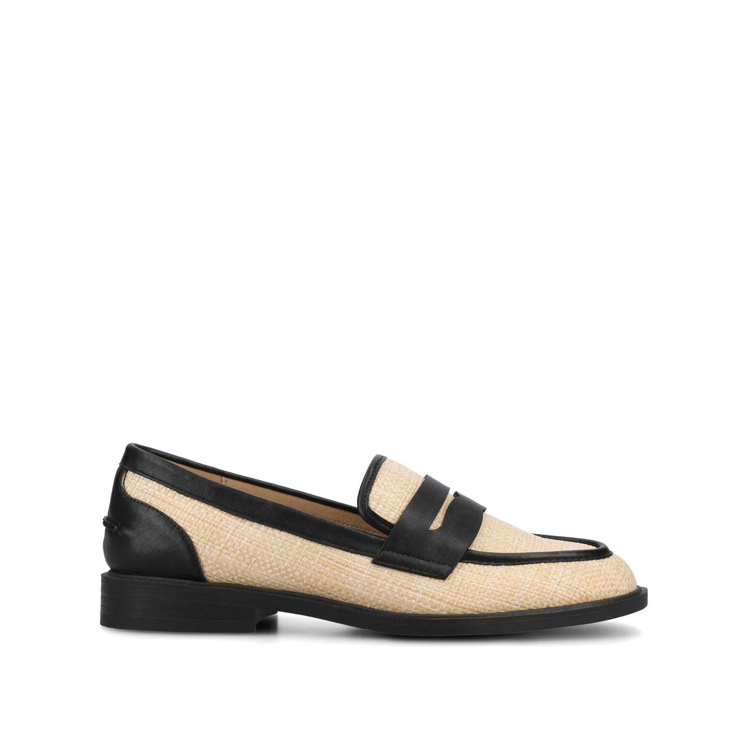 Brooks Penny Loafer in Black and Natural Raffia