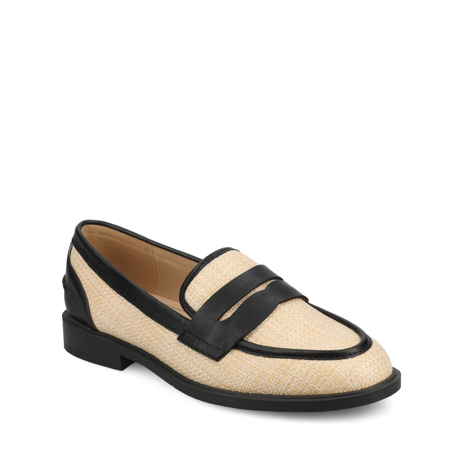 Brooks Penny Loafer in Black and Natural Raffia