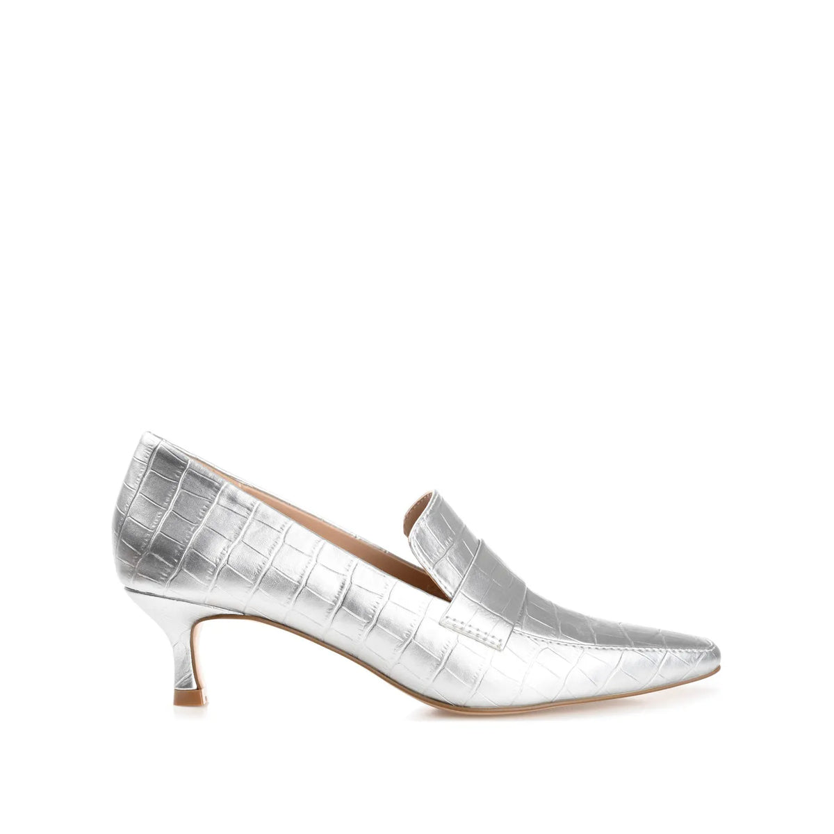 CELINA Kitten Heel Loafers in Wide - Silver Croco