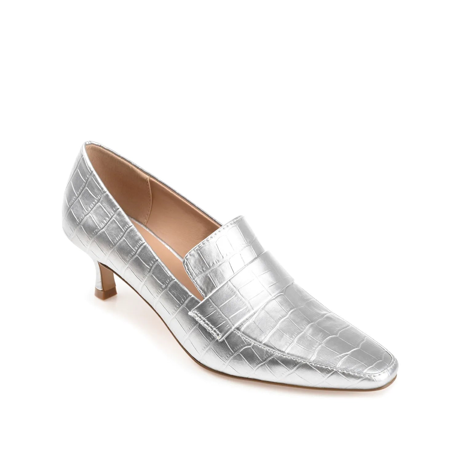 CELINA Kitten Heel Loafers in Wide - Silver Croco