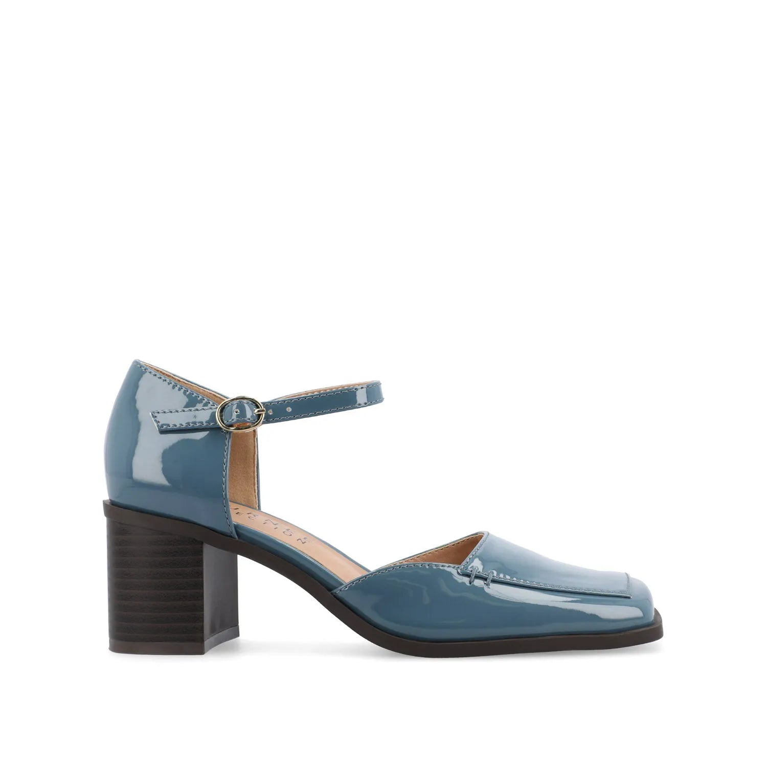 Evangeline Block Heels in Patent Blue by D'Orsay