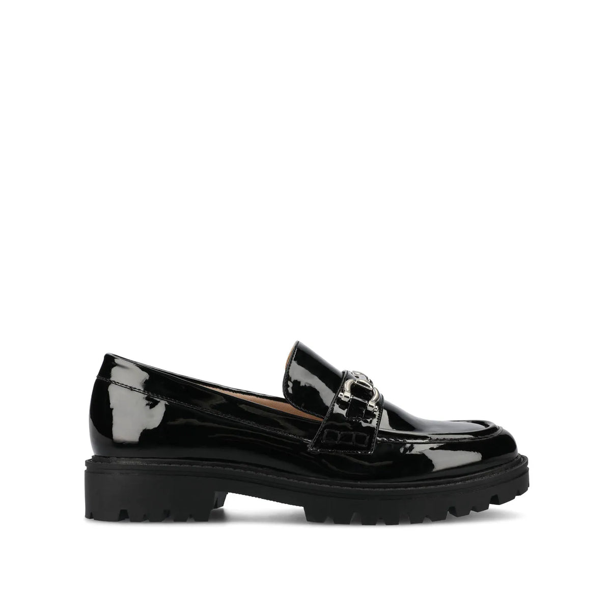 JESSAMEY Horse Bit Loafer Flats in Black Patent Leather