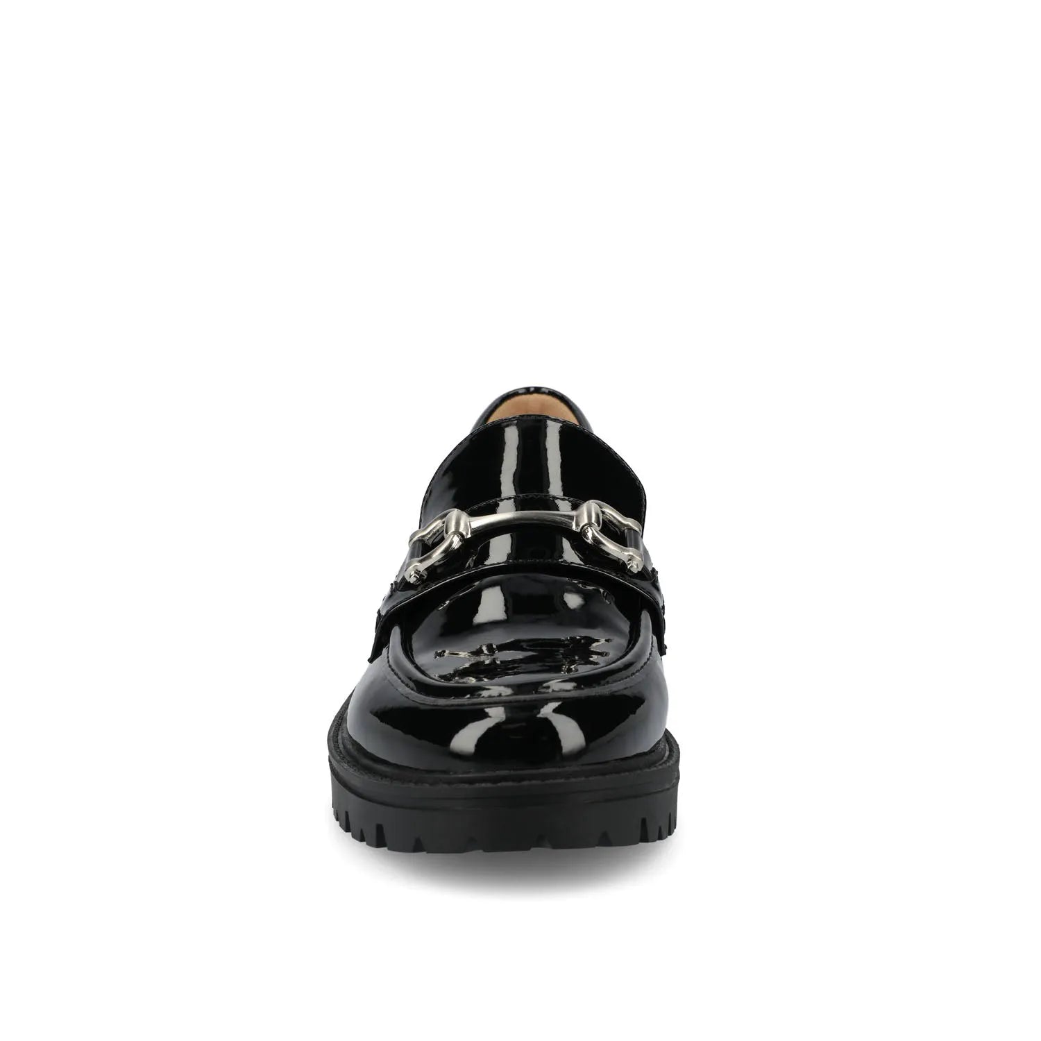 JESSAMEY Horse Bit Loafer Flats in Black Patent Leather