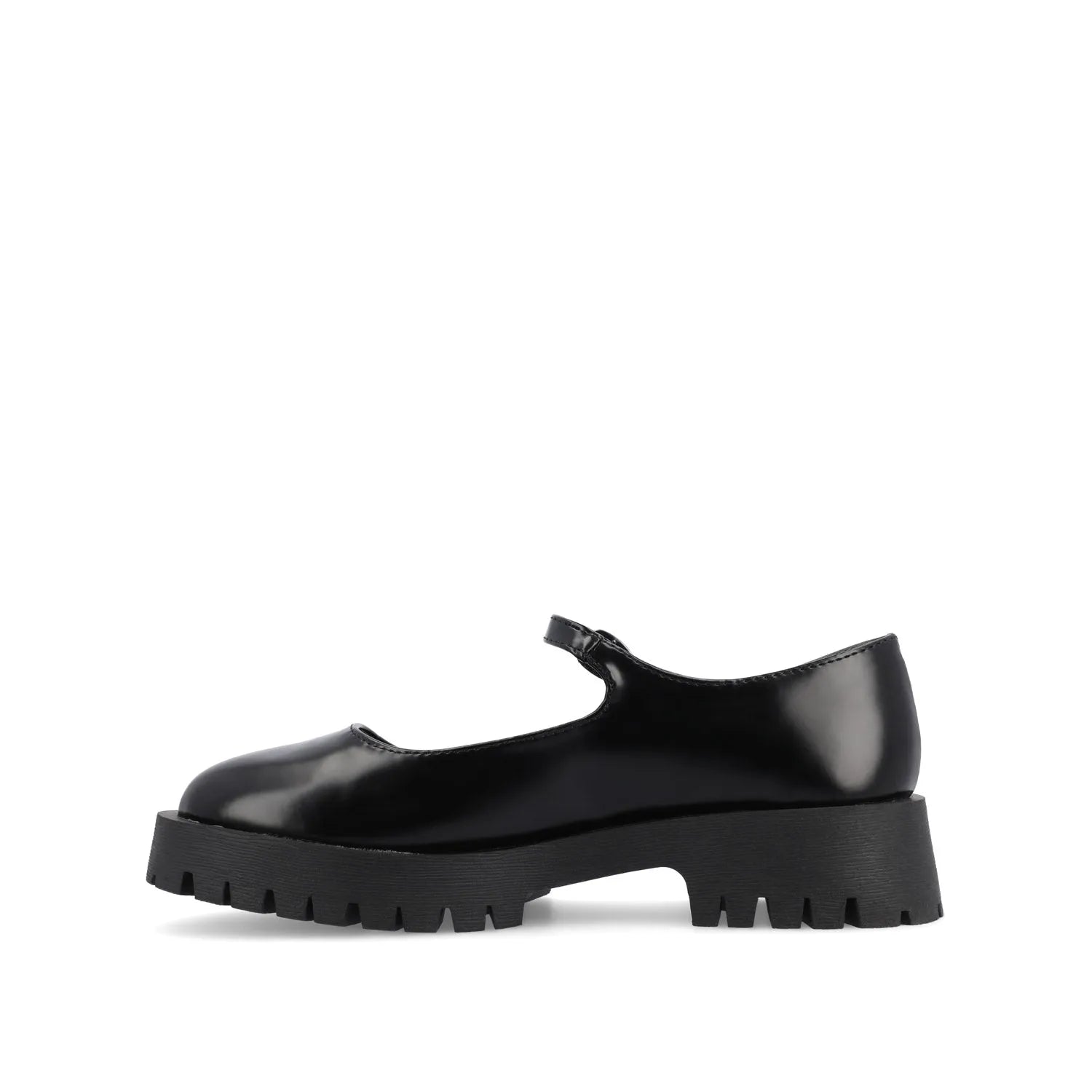 KAMIE Wide Fit Mary Jane Flats with Lug Sole in Black PU