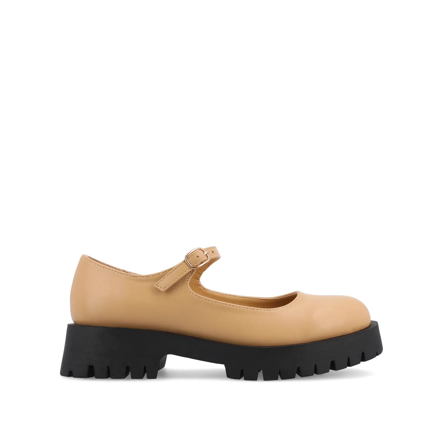 KAMIE Wide Fit Mary Jane Flats in Tan PU with Lug Sole