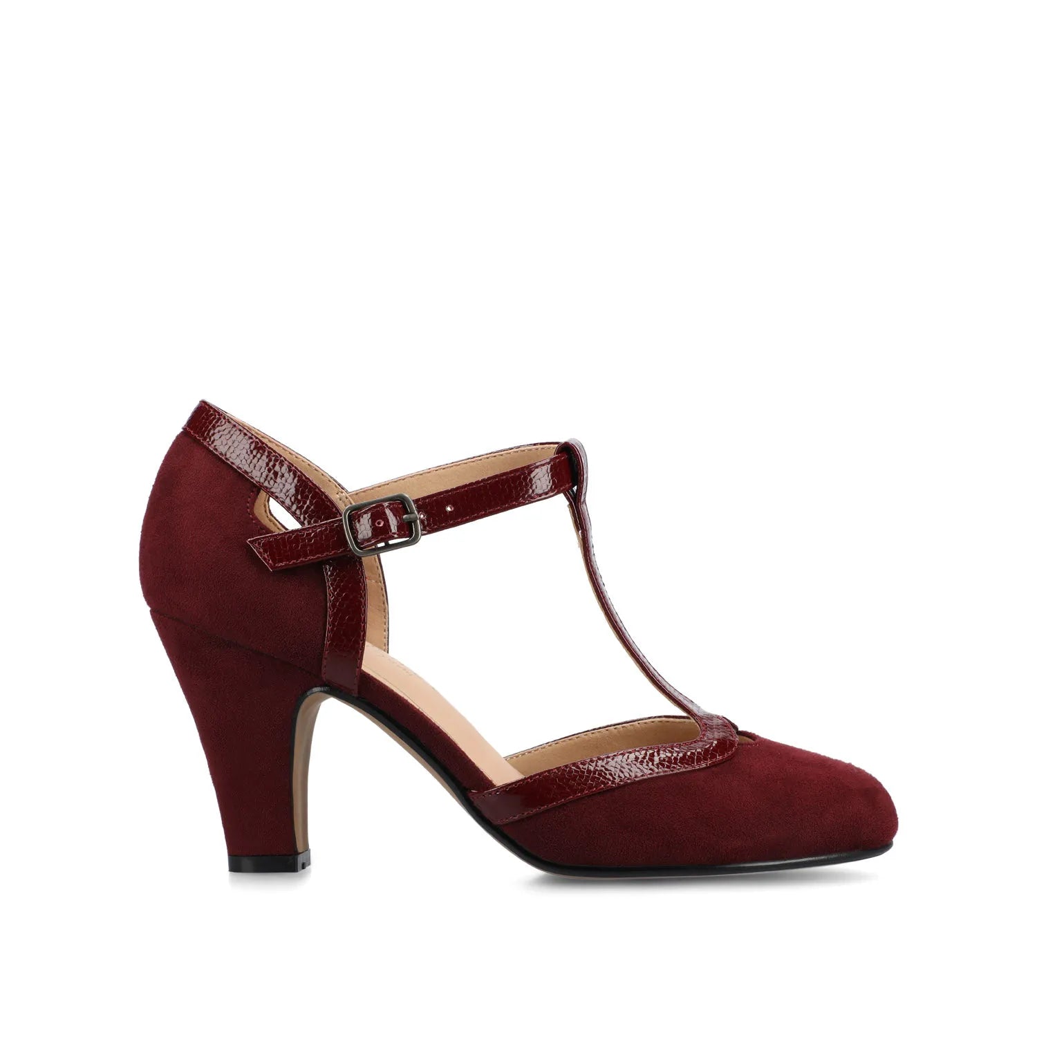 OLINA T-Strap Pump Heels in Wide - Oxblood Suede
